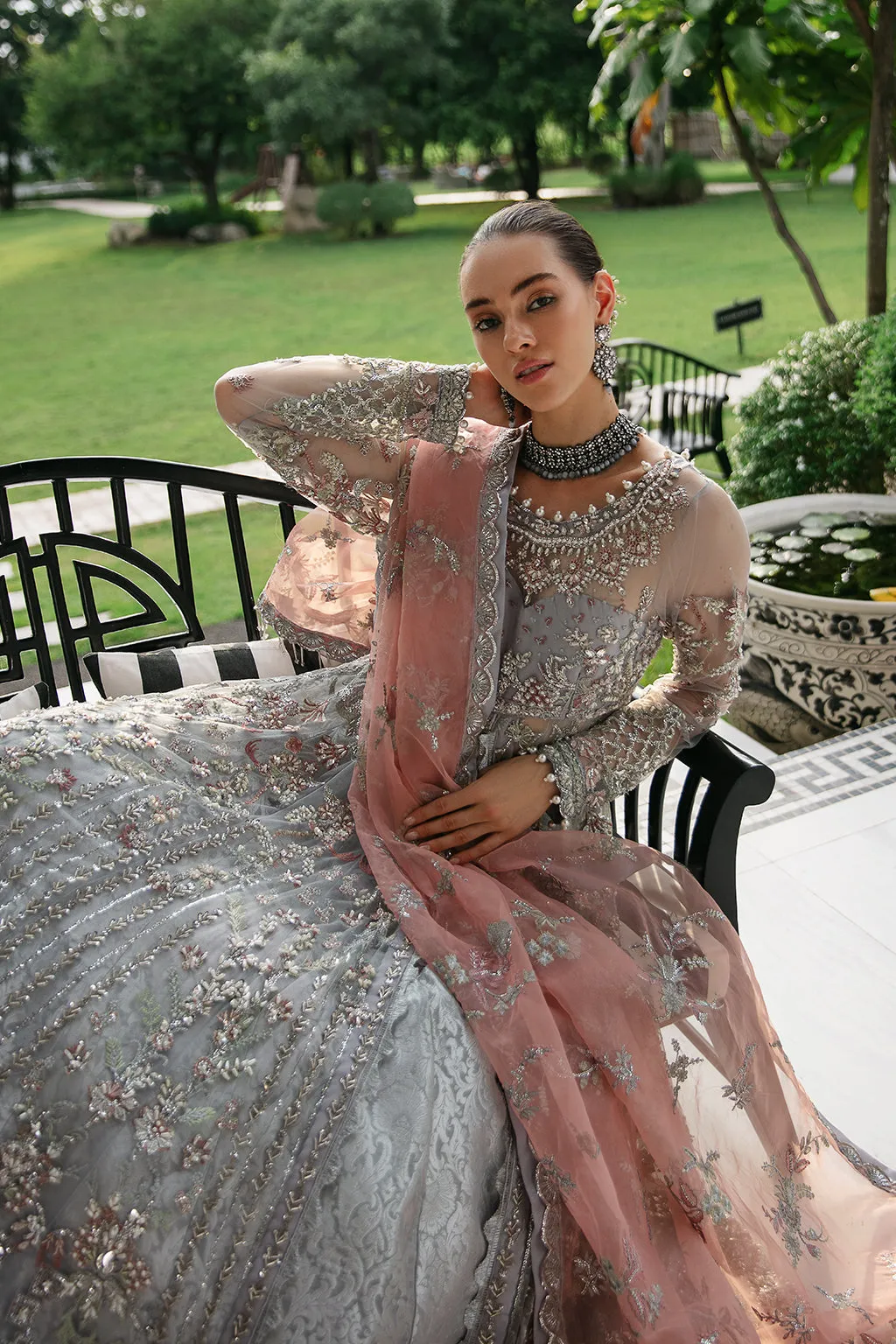 Elegant Aqua Blue Embroidered Pakistani Wedding Dress Net Pishwas