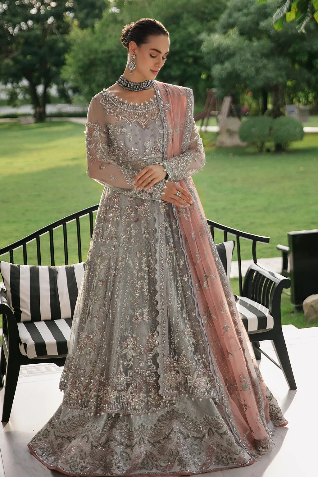 Elegant Aqua Blue Embroidered Pakistani Wedding Dress Net Pishwas