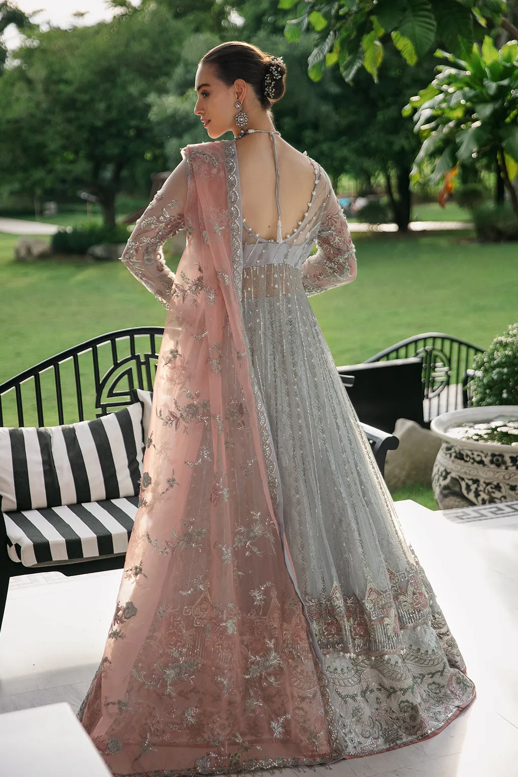 Elegant Aqua Blue Embroidered Pakistani Wedding Dress Net Pishwas