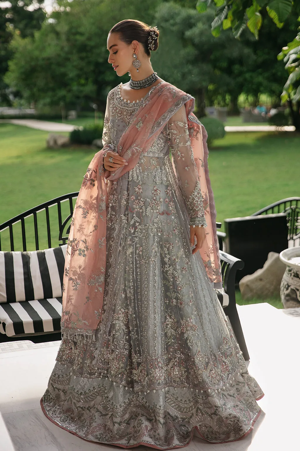 Elegant Aqua Blue Embroidered Pakistani Wedding Dress Net Pishwas