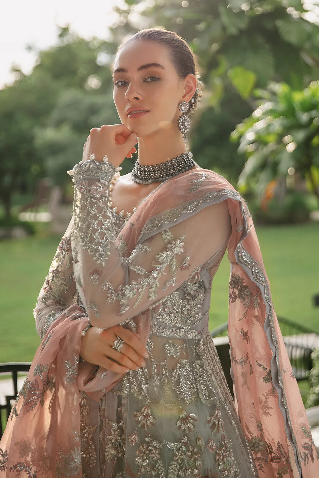 Elegant Aqua Blue Embroidered Pakistani Wedding Dress Net Pishwas