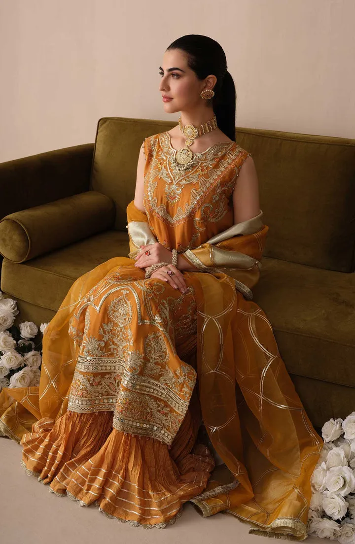 Elegant Mustard Pakistani Embroidered Kameez Sharara Wedding Dress