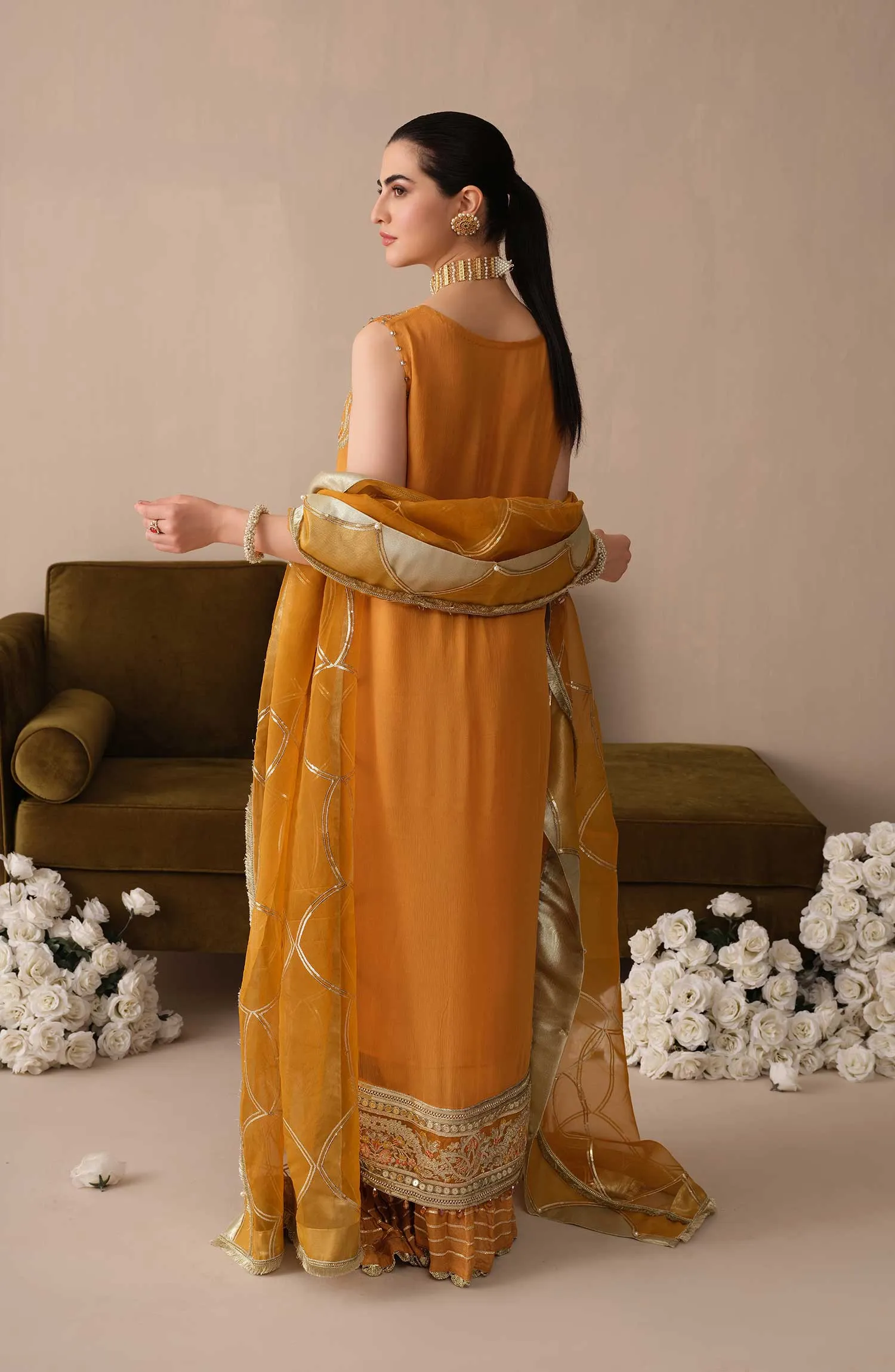 Elegant Mustard Pakistani Embroidered Kameez Sharara Wedding Dress