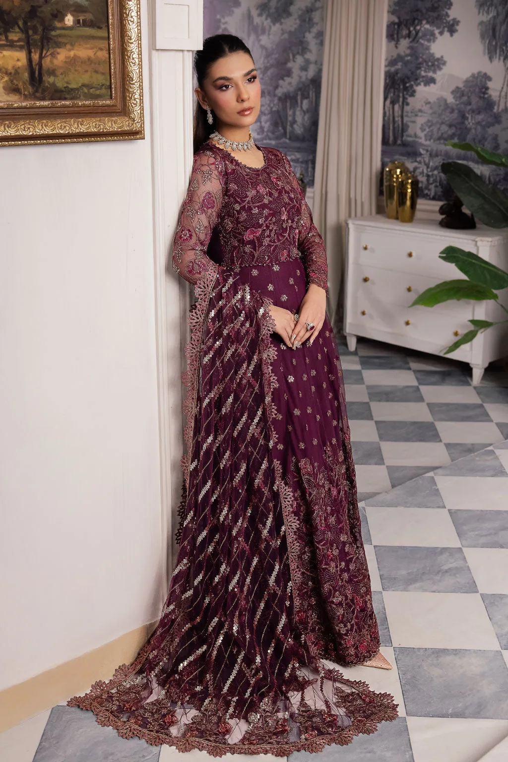 Elegant Plum Embroidered Pakistani Wedding Dress Pishwas Frock
