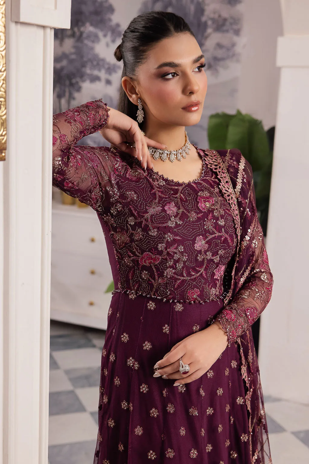 Elegant Plum Embroidered Pakistani Wedding Dress Pishwas Frock