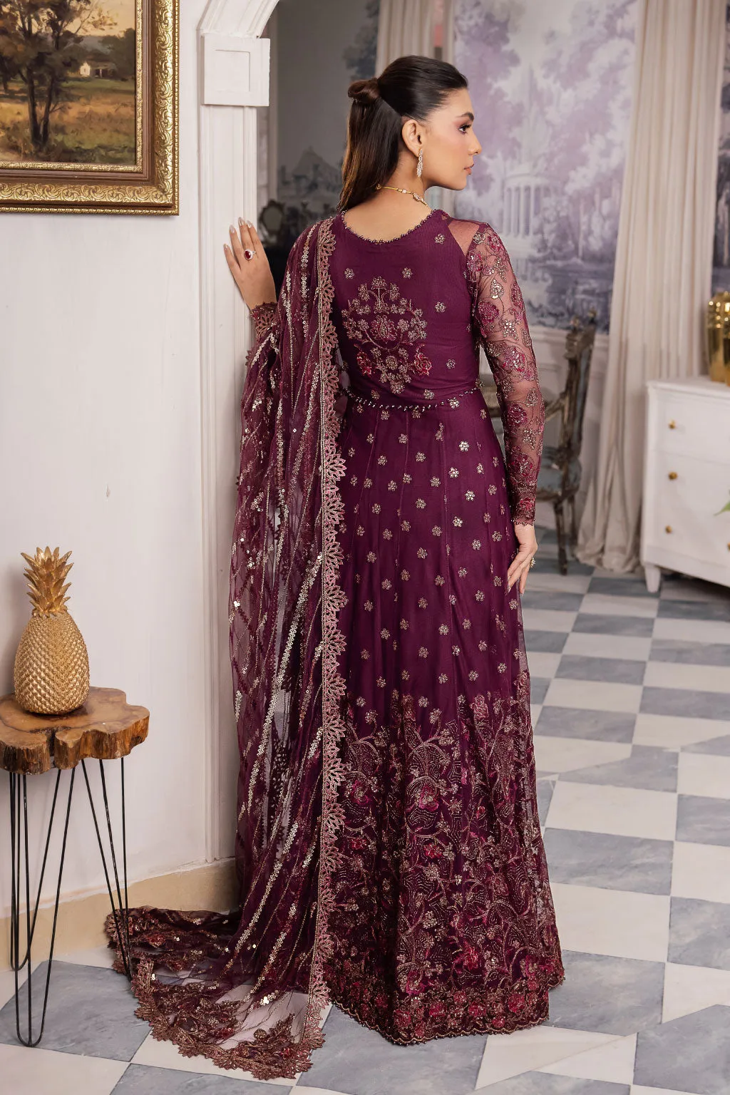 Elegant Plum Embroidered Pakistani Wedding Dress Pishwas Frock
