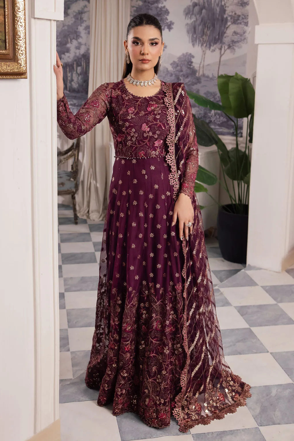 Elegant Plum Embroidered Pakistani Wedding Dress Pishwas Frock