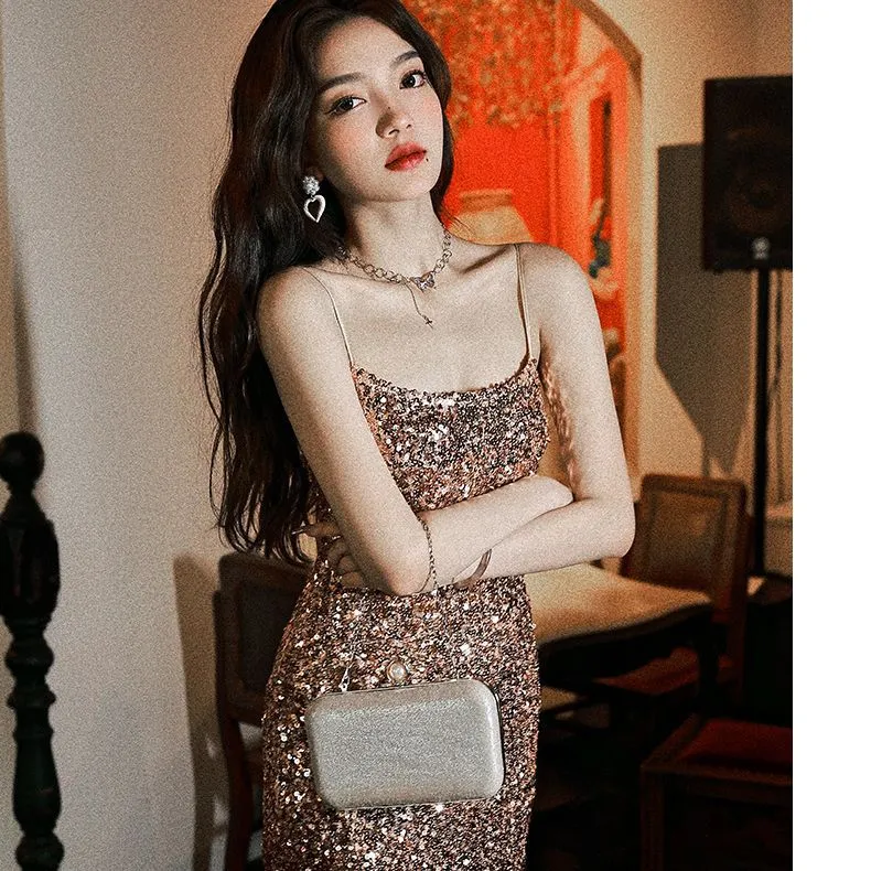 Elegant Strap Party Sequined Slim-Fit Evening Dress women