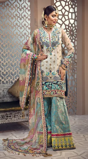 Elegant thread embroidered organza dress in white and blue color # P2349