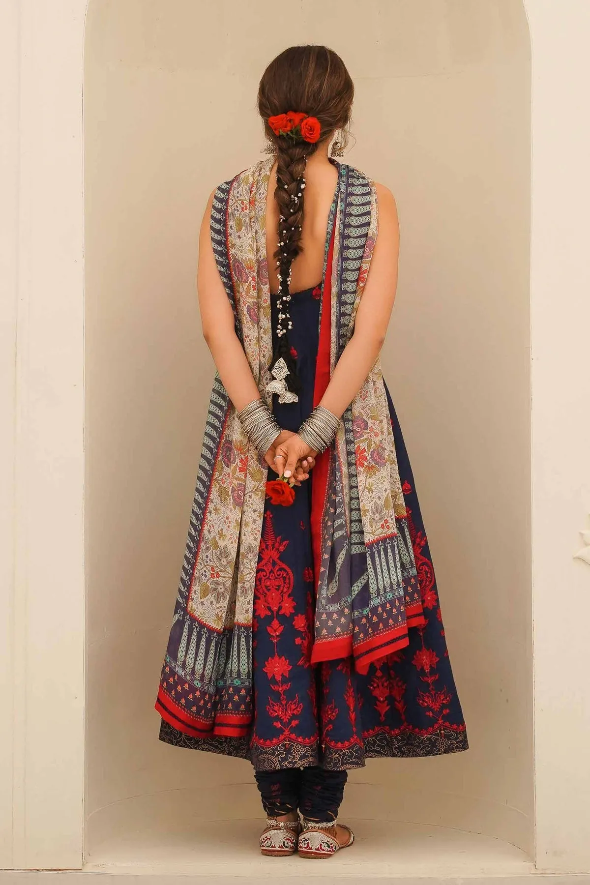 Embellished Blue Frock Churidar for Pakistani Party Dresses