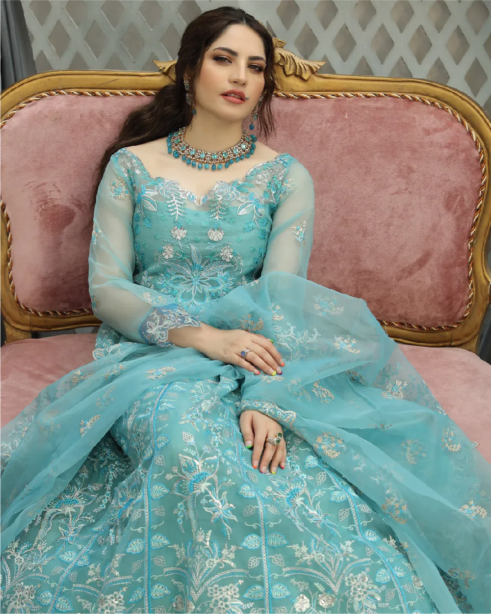 Embroidered Blue Long Organza Gown Pakistani Dresses