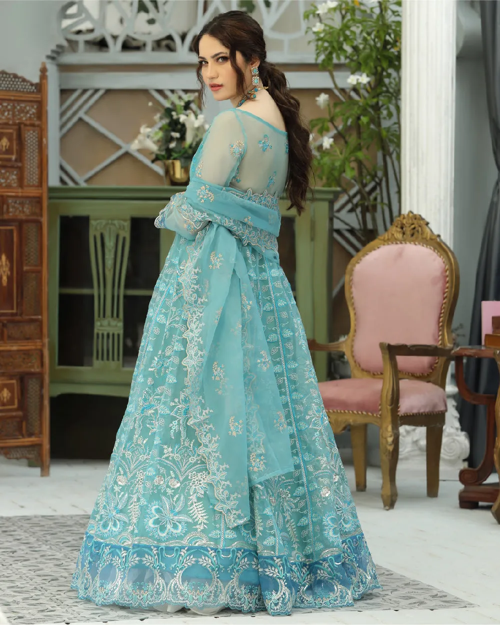 Embroidered Blue Long Organza Gown Pakistani Dresses