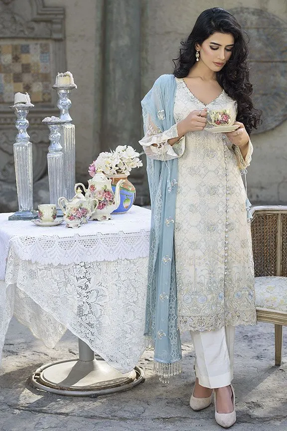 Embroidered crinkle chiffon dress in ash-cream color # P2293