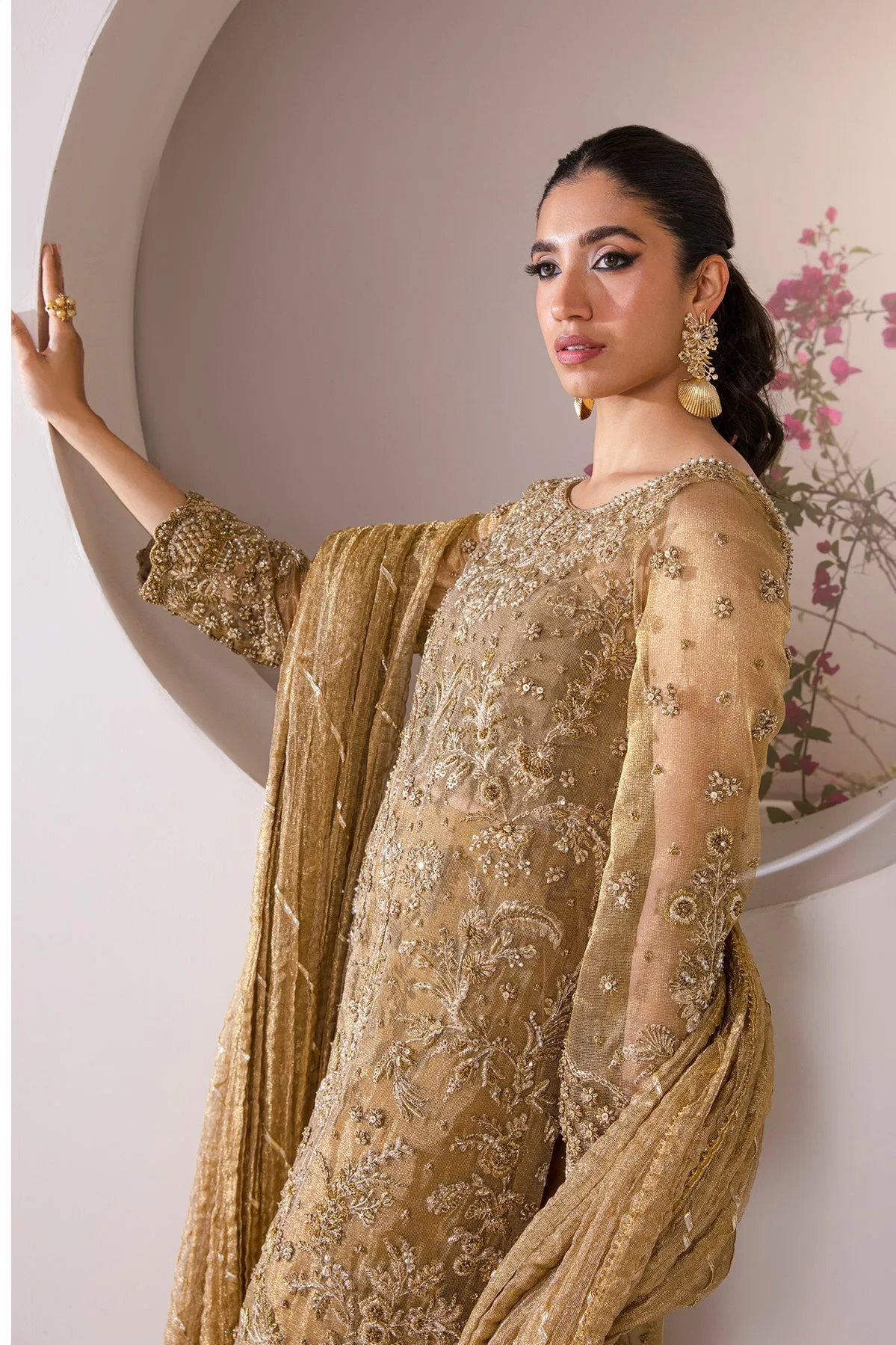 Embroidered Mustard Pakistani Wedding Dress in Kameez Gharara Style