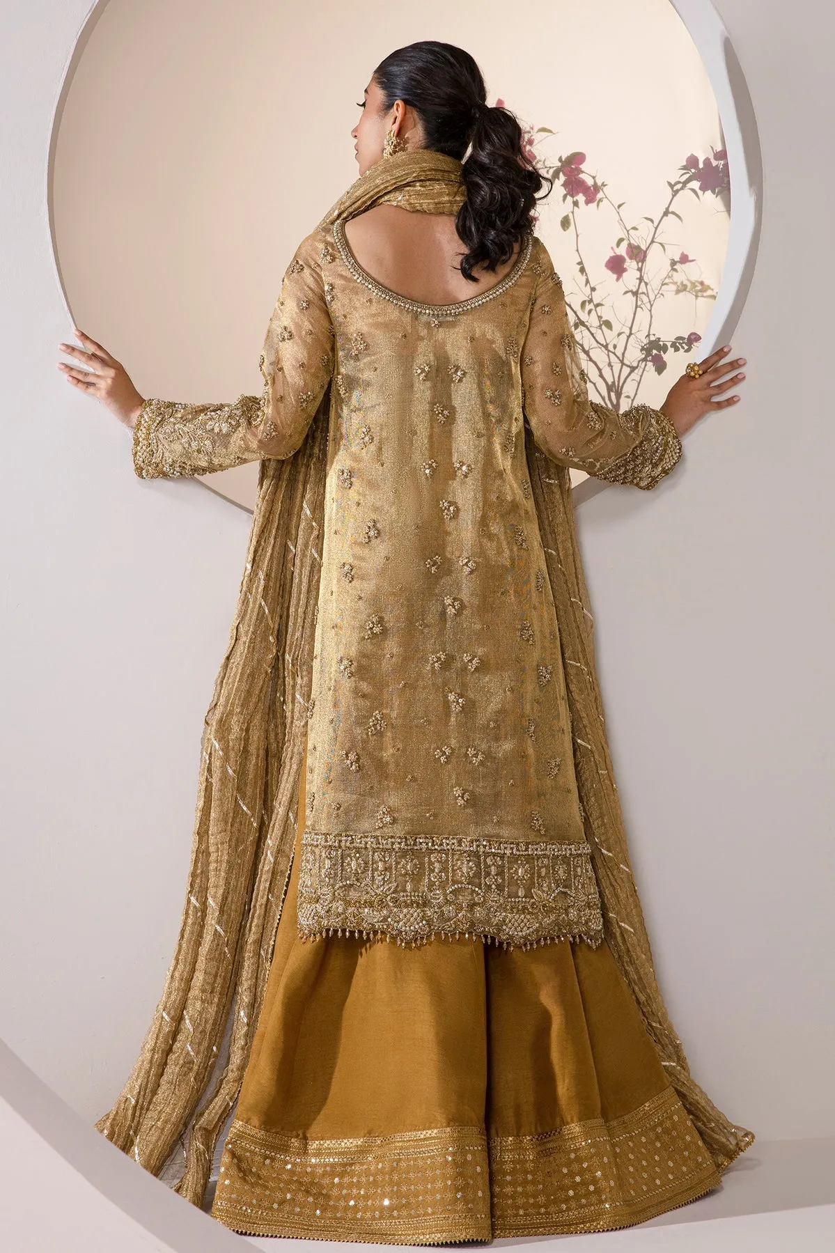 Embroidered Mustard Pakistani Wedding Dress in Kameez Gharara Style