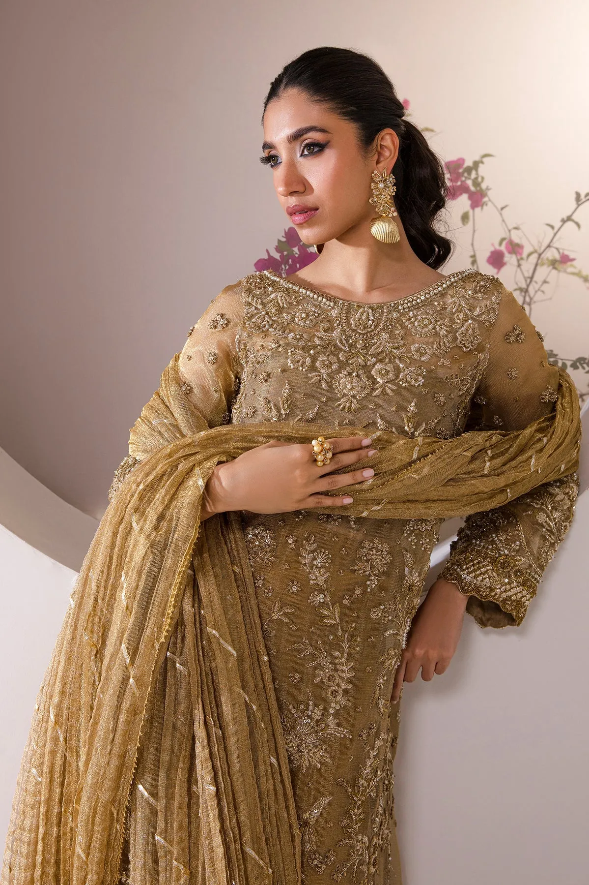 Embroidered Mustard Pakistani Wedding Dress in Kameez Gharara Style