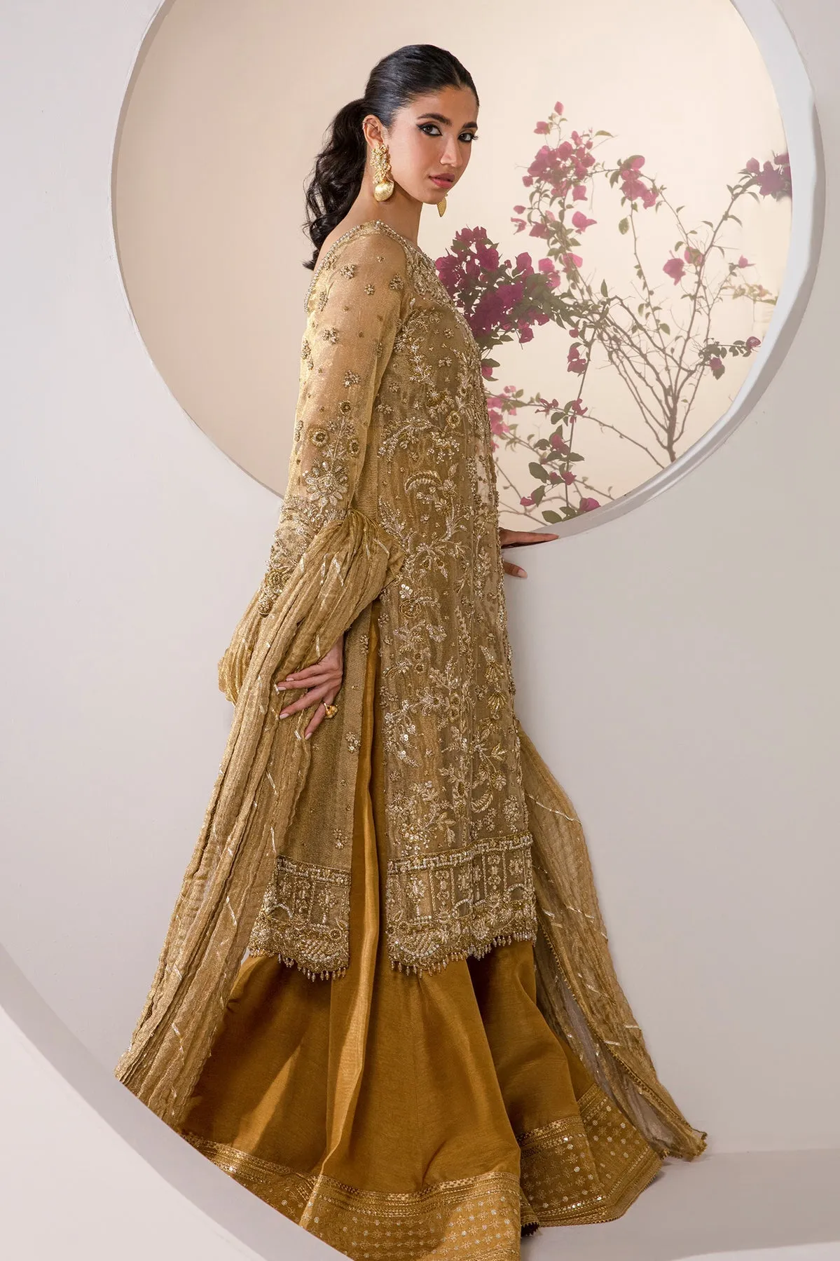 Embroidered Mustard Pakistani Wedding Dress in Kameez Gharara Style