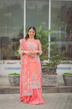 Embroidered Pakistani Kameez Sharara in Carrot Pink Wedding Dress