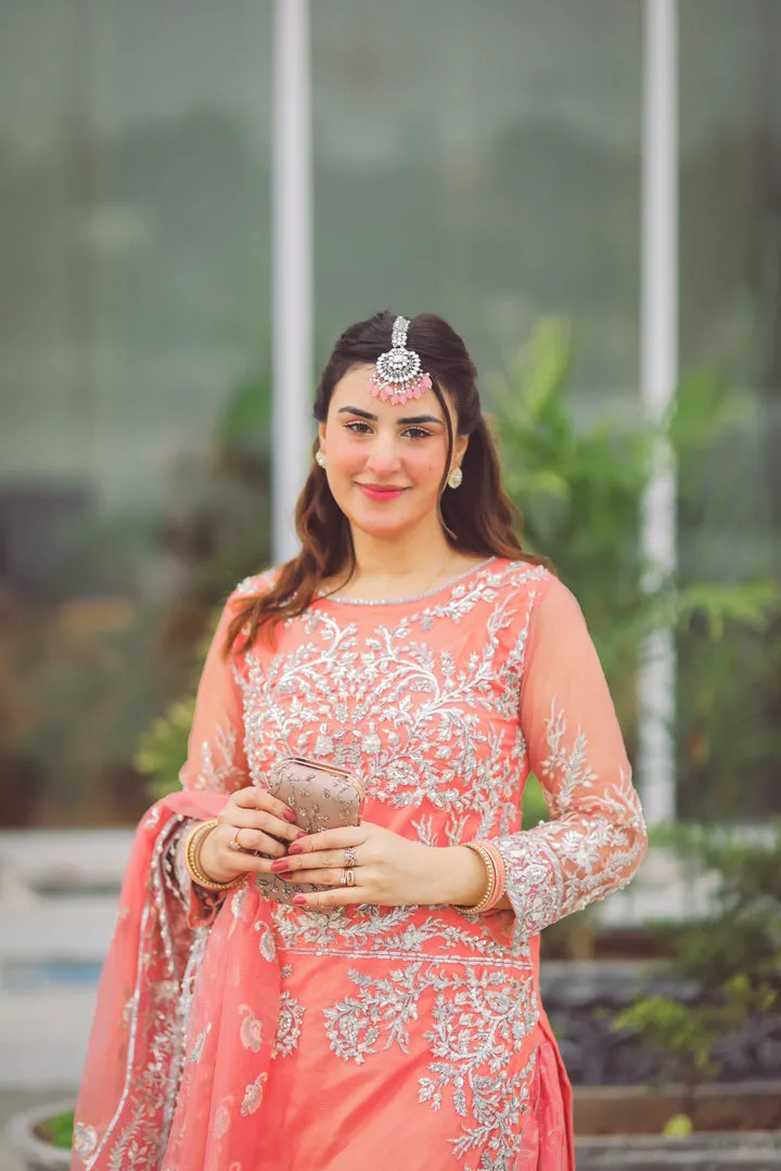 Embroidered Pakistani Kameez Sharara in Carrot Pink Wedding Dress