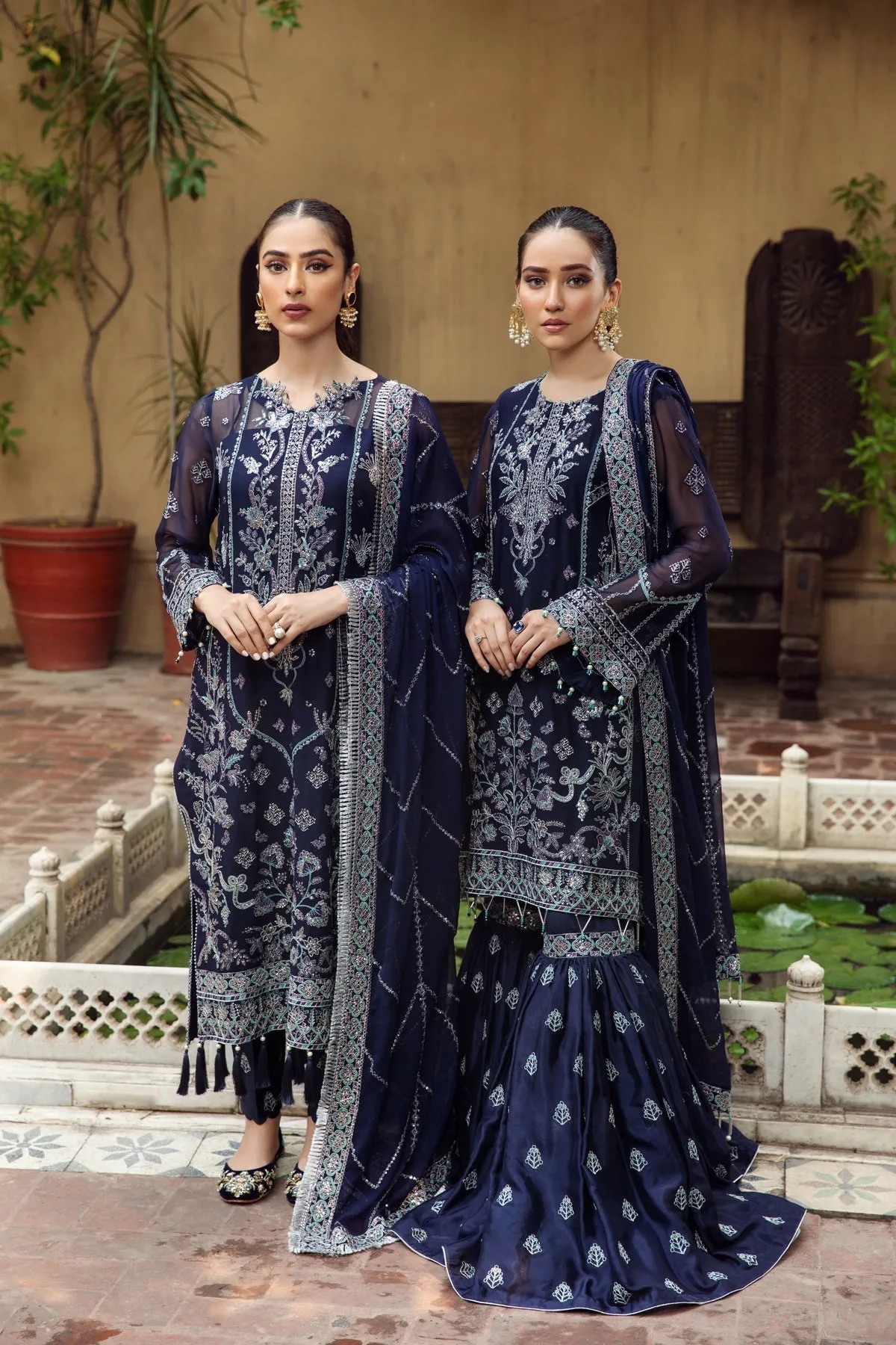 Embroidered Royal Blue Pakistani Kurta Sharara Wedding Dress