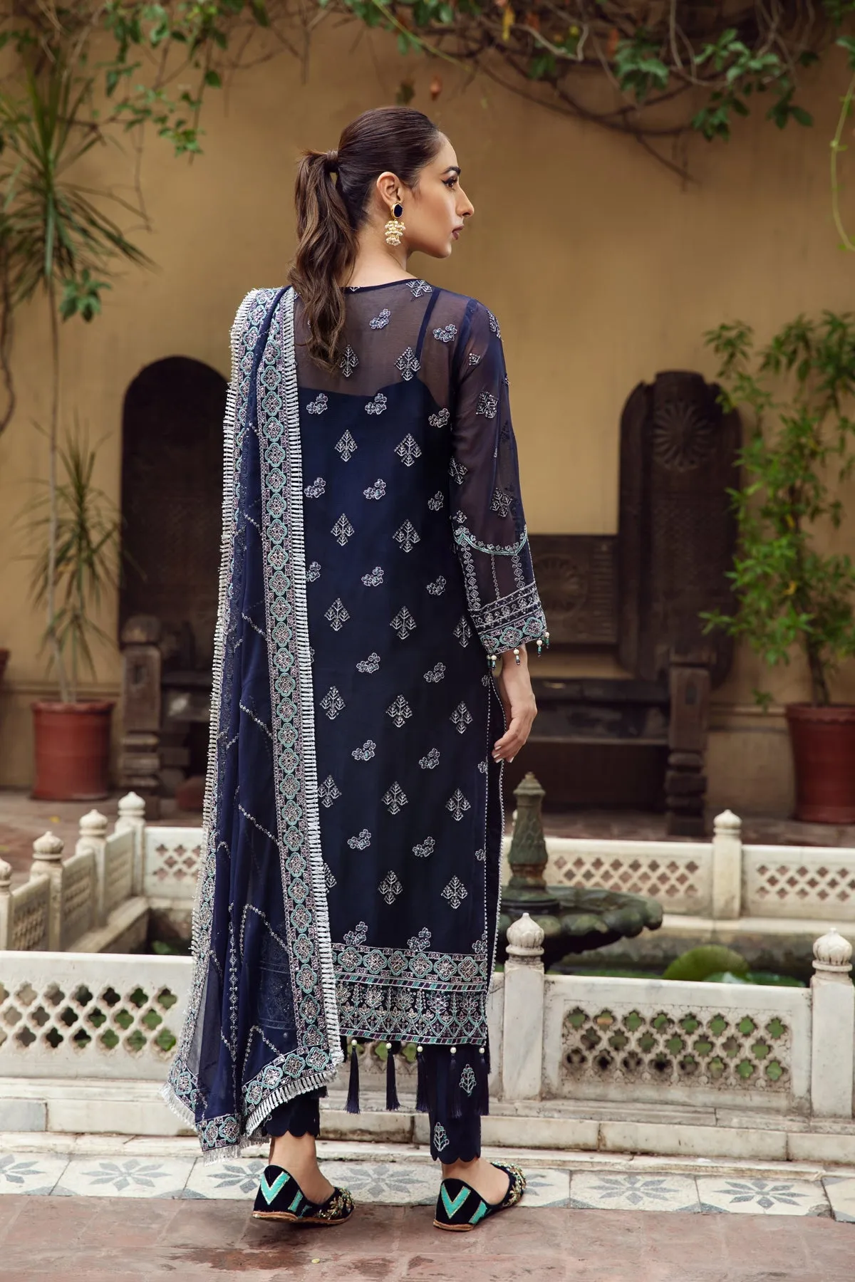 Embroidered Royal Blue Pakistani Kurta Sharara Wedding Dress