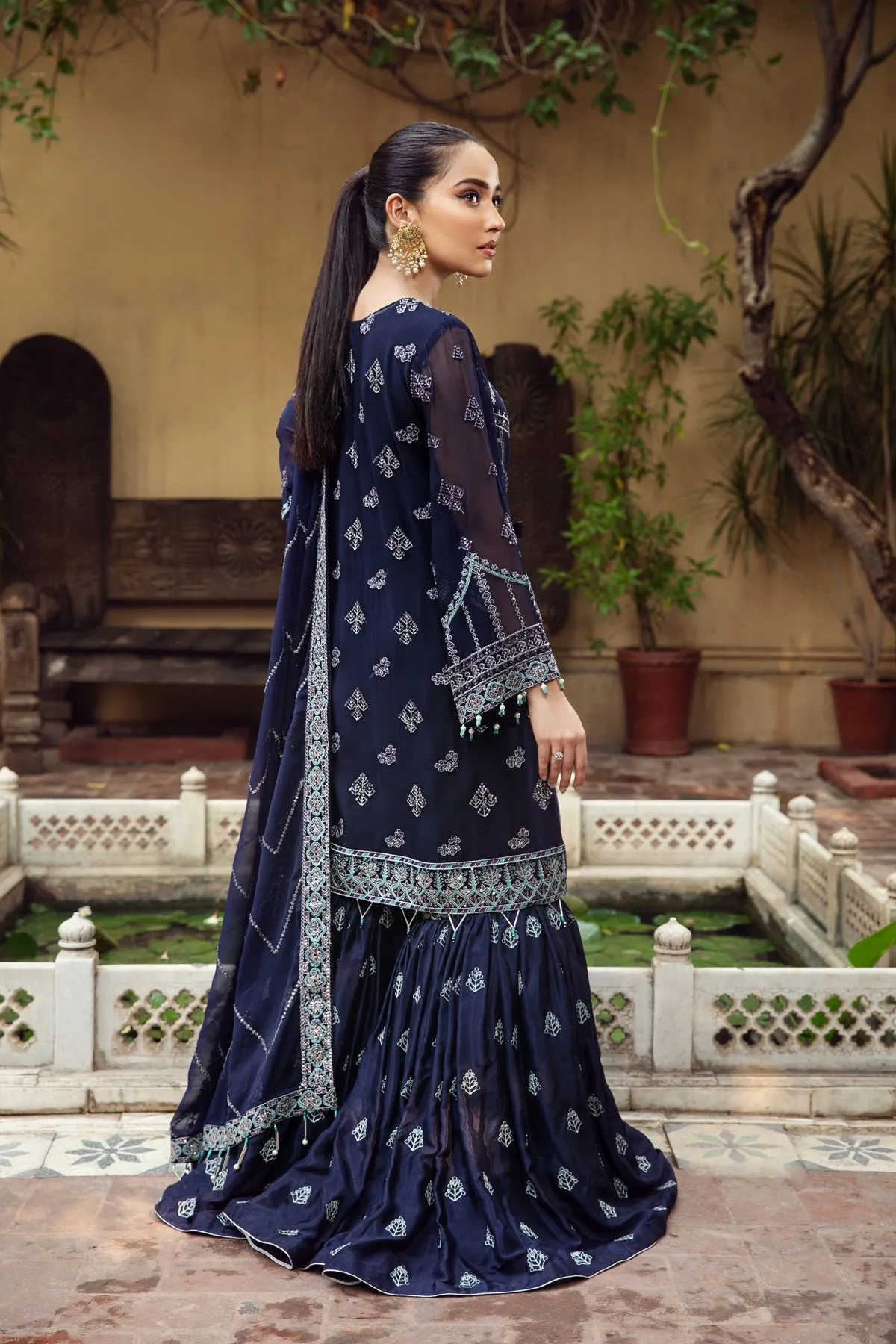 Embroidered Royal Blue Pakistani Kurta Sharara Wedding Dress