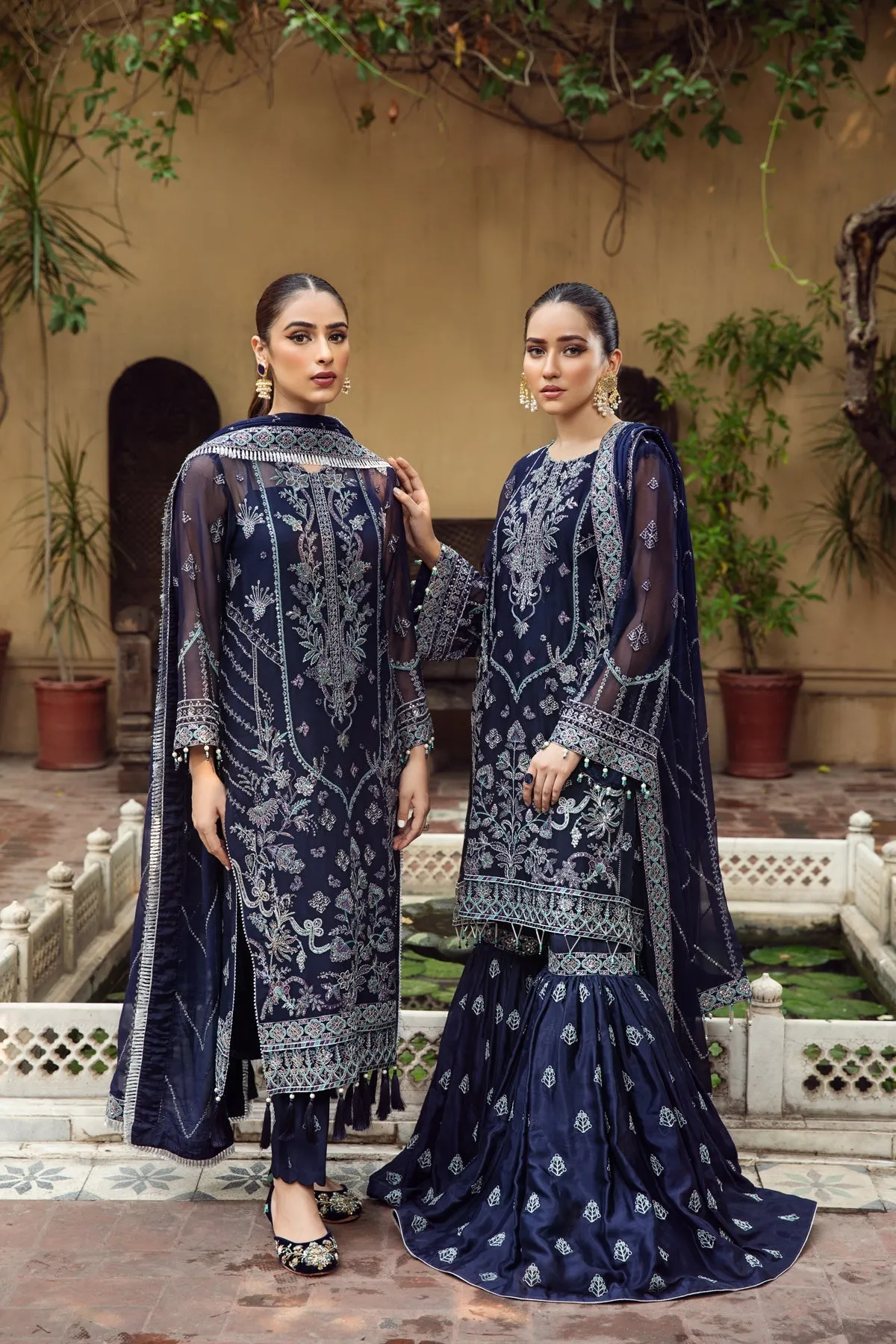 Embroidered Royal Blue Pakistani Kurta Sharara Wedding Dress