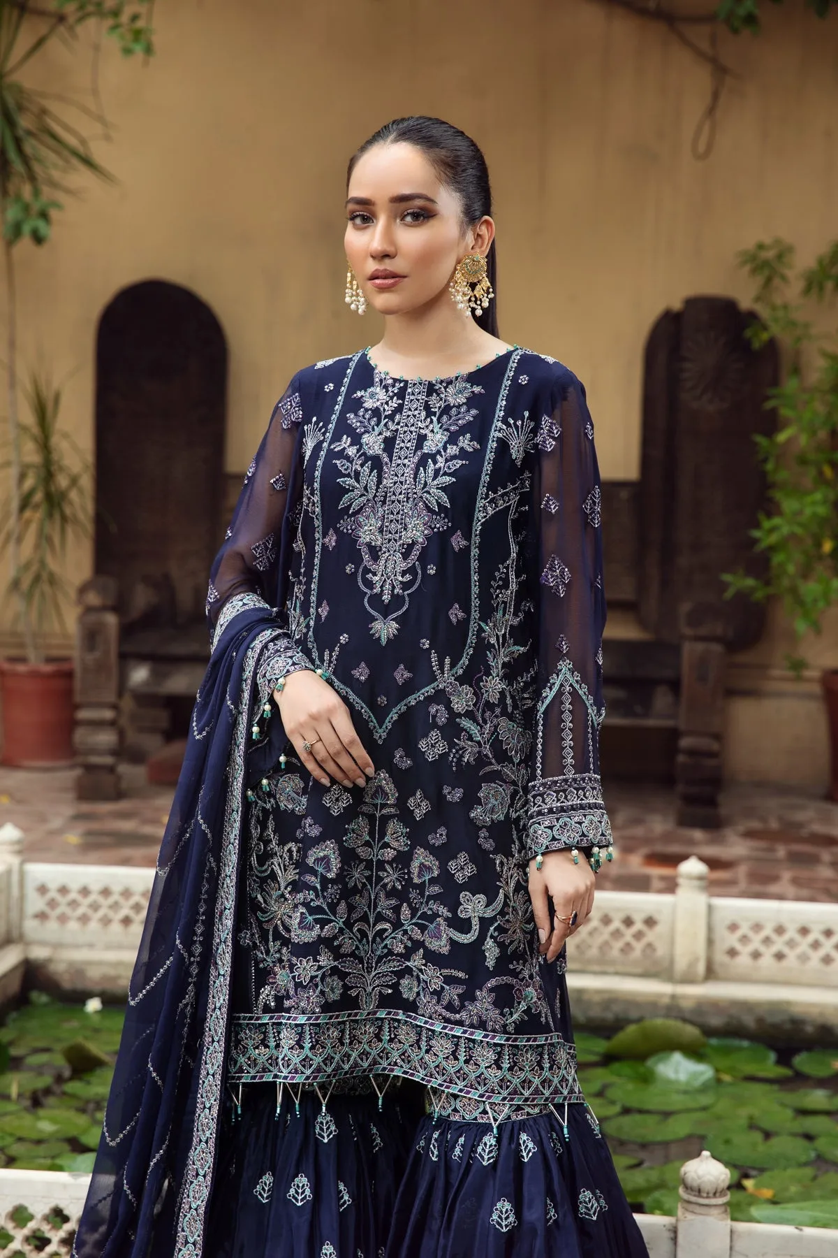 Embroidered Royal Blue Pakistani Kurta Sharara Wedding Dress
