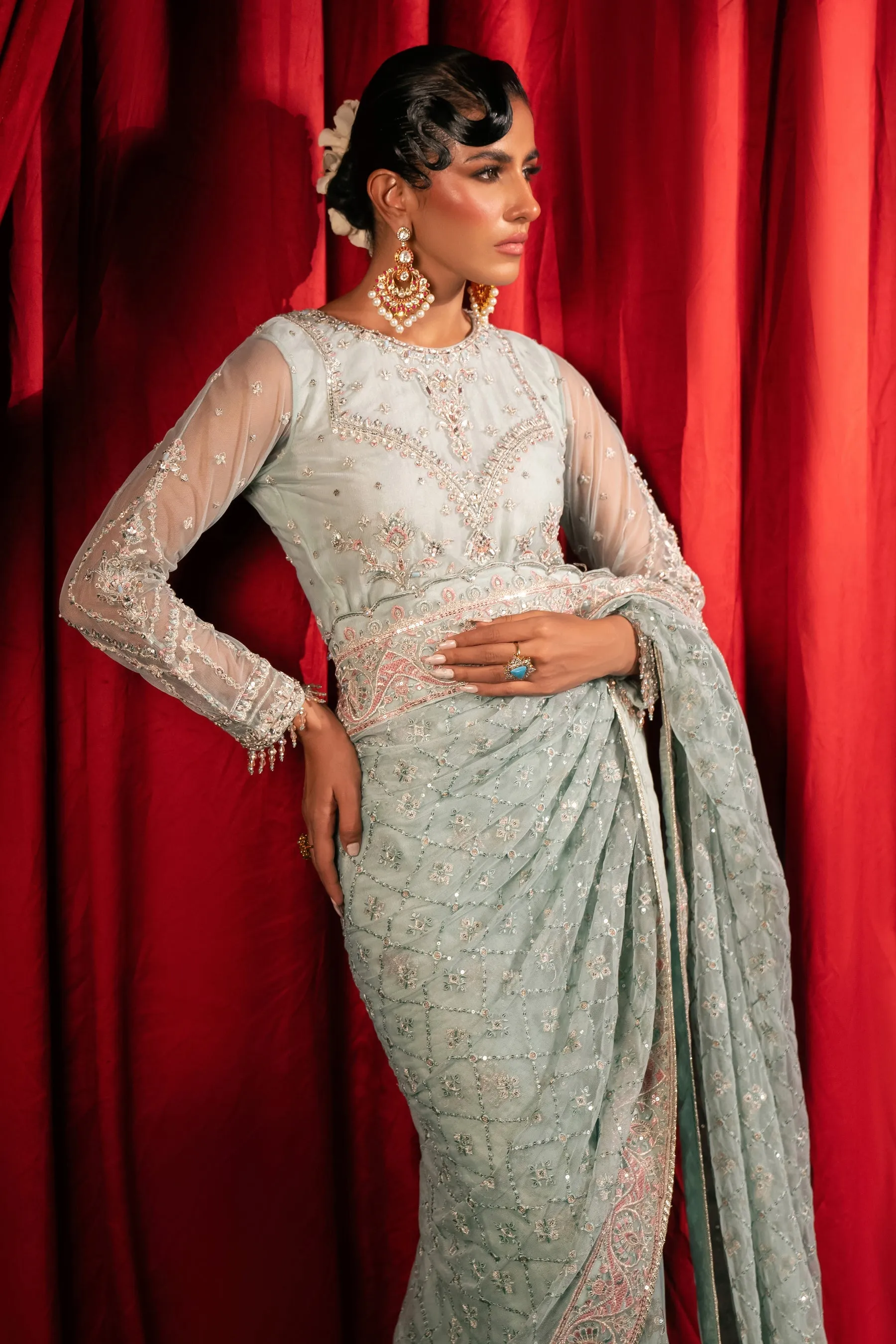 Embroidered Sky Blue Pakistani Wedding Dress Classic Net Saree