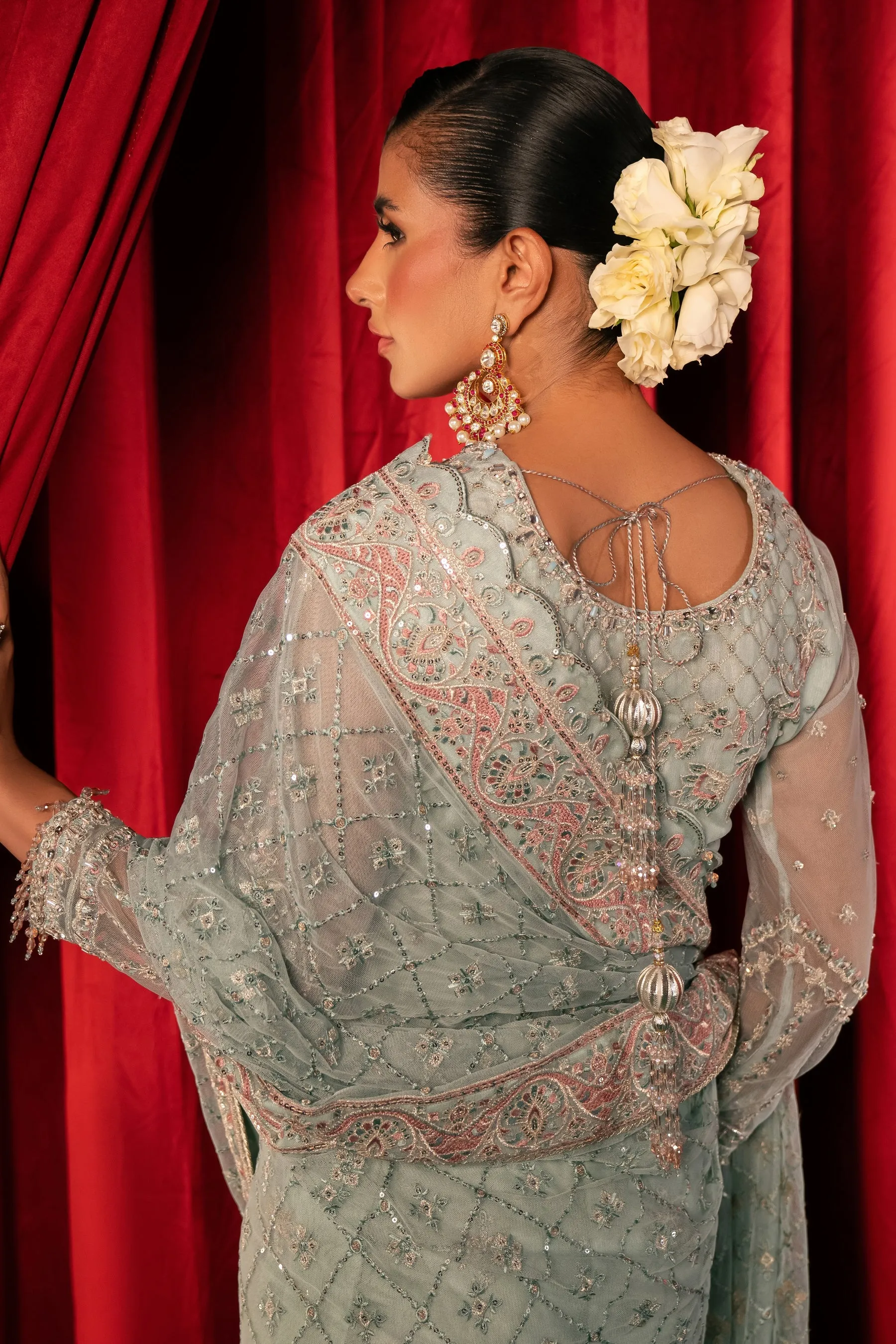Embroidered Sky Blue Pakistani Wedding Dress Classic Net Saree