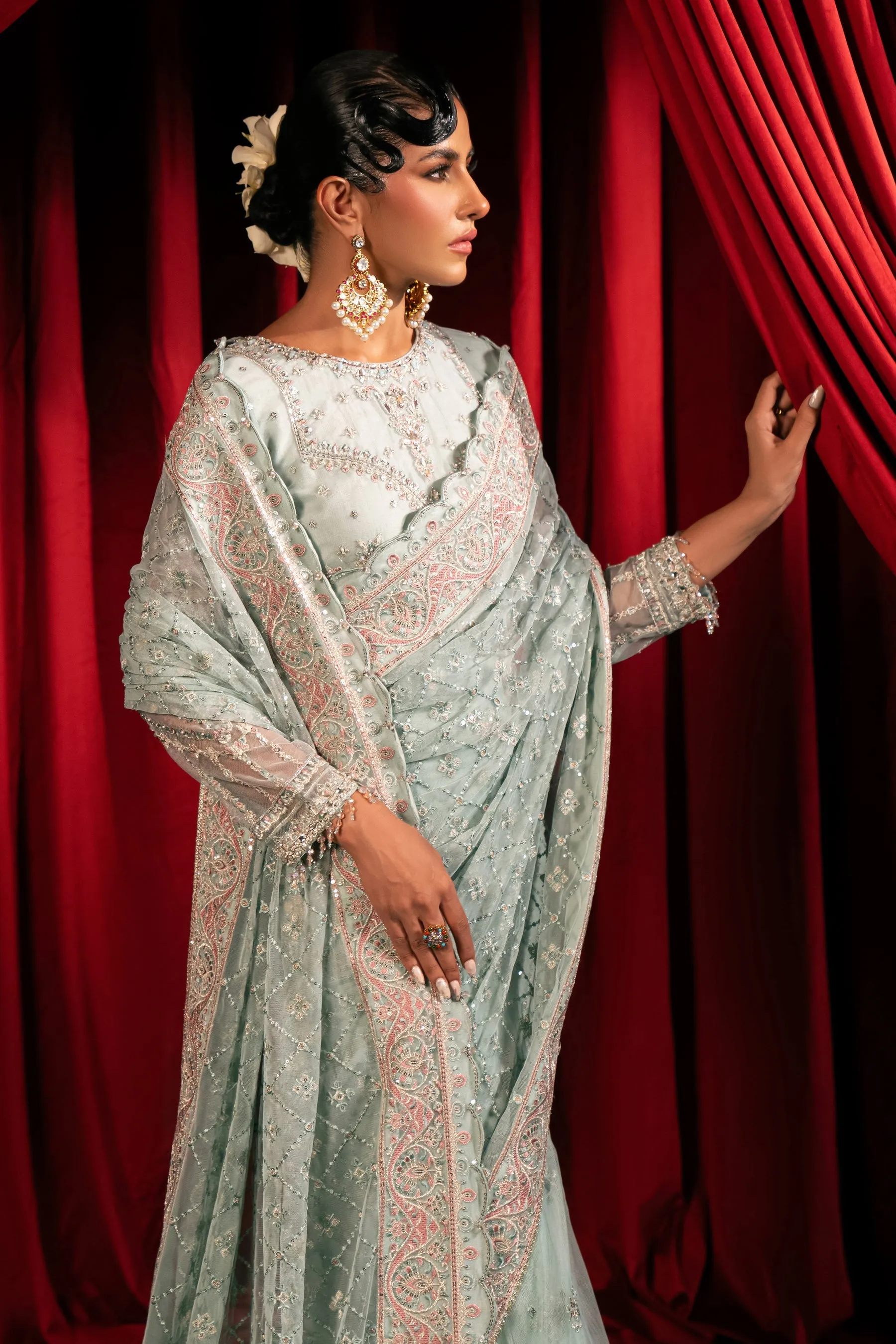 Embroidered Sky Blue Pakistani Wedding Dress Classic Net Saree