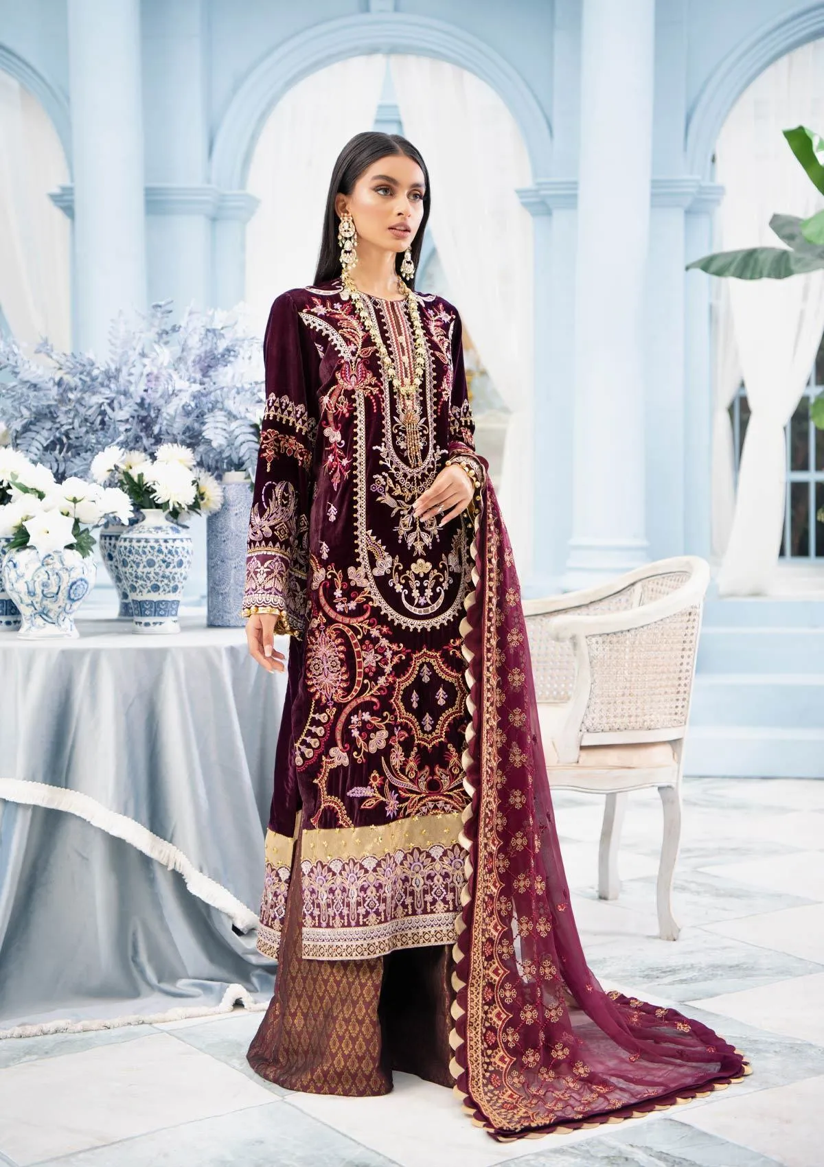 Embroidered Velvet Dress Pakistani in Plum Shade #PF268