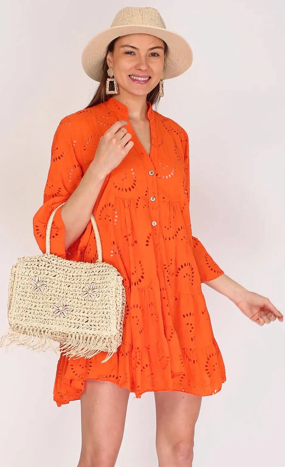 English Embroidered Short Dress Billowy Sleeves: Fuchsia