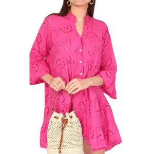 English Embroidered Short Dress Billowy Sleeves: Fuchsia