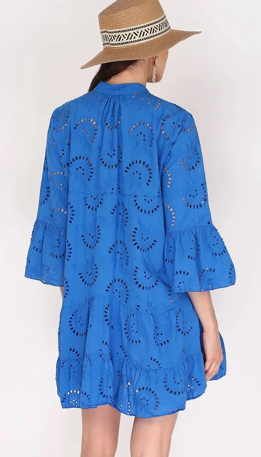 English Embroidered Short Dress Billowy Sleeves: Fuchsia
