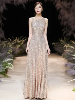 Evening Dress A-Line Jewel Neck Floor-Length Sleeveless Zipper Sequined Prom Dress