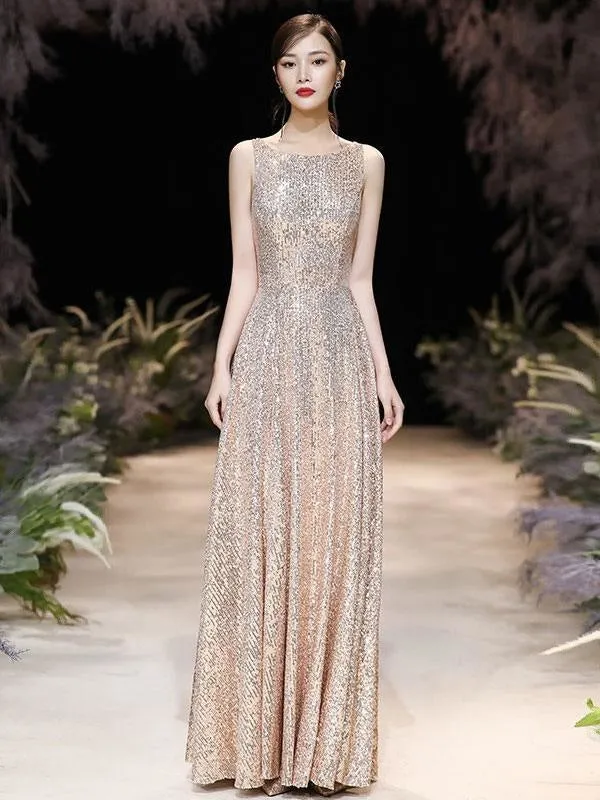 Evening Dress A-Line Jewel Neck Floor-Length Sleeveless Zipper Sequined Prom Dress