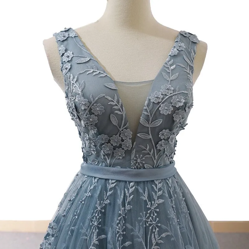 evening party dress long v neck sleeveless a-line