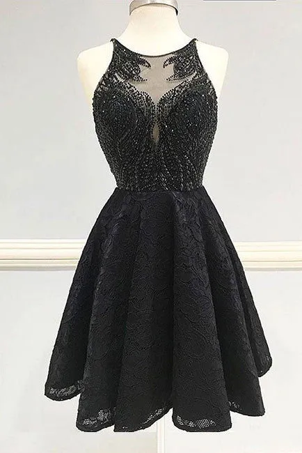 Fashion A-Line Round Neck Black Backless Lace Beaded Short Homecoming/Prom Dresses OK309