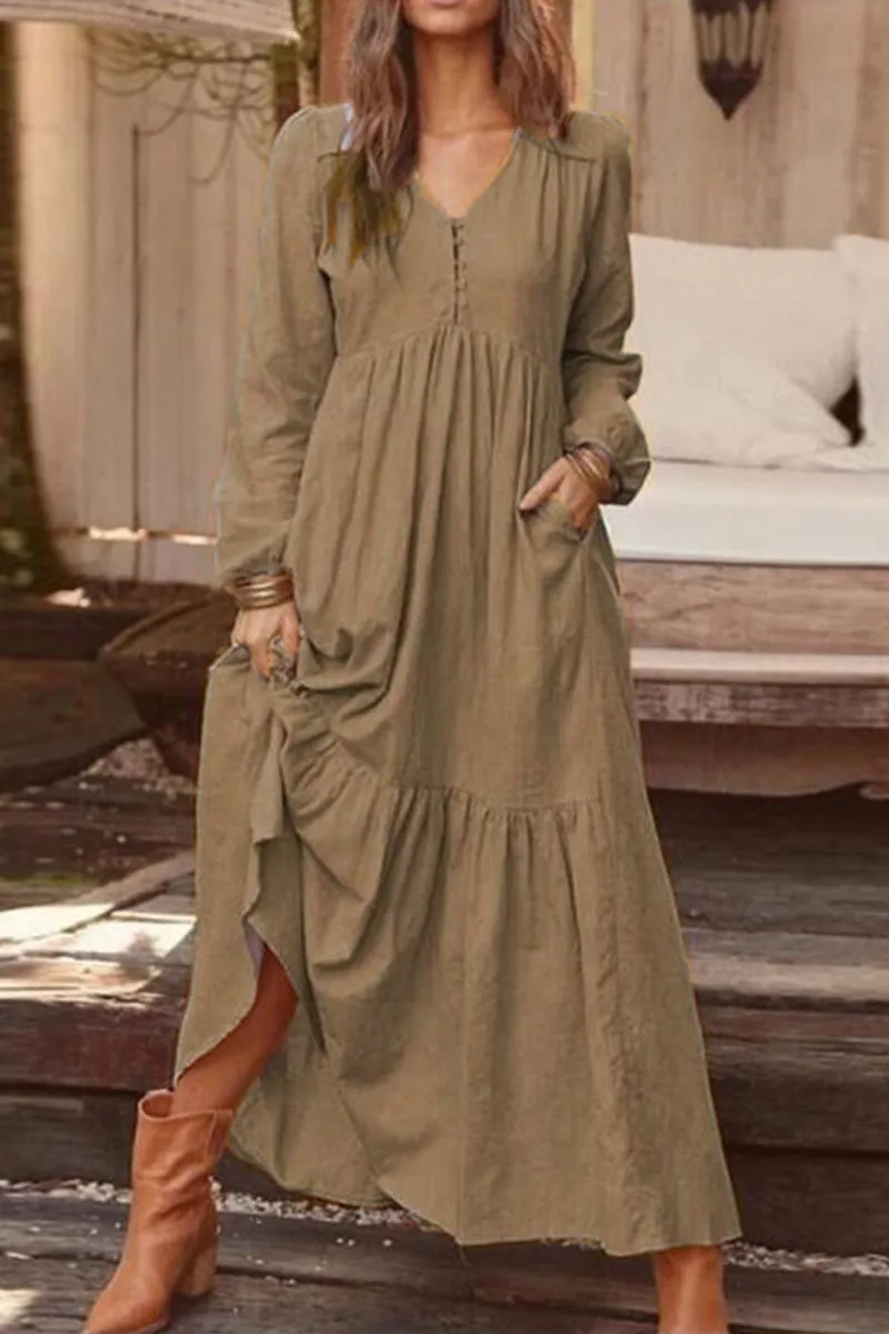 Fashion Casual Solid Patchwork V Neck A Line Dresses(5 Colors)