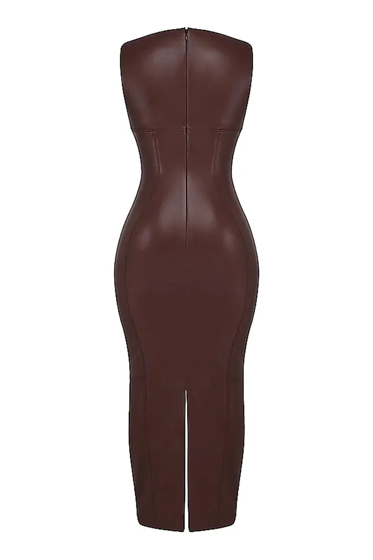 Faux Leather Bodycon Maxi Tank Dresses-Brown