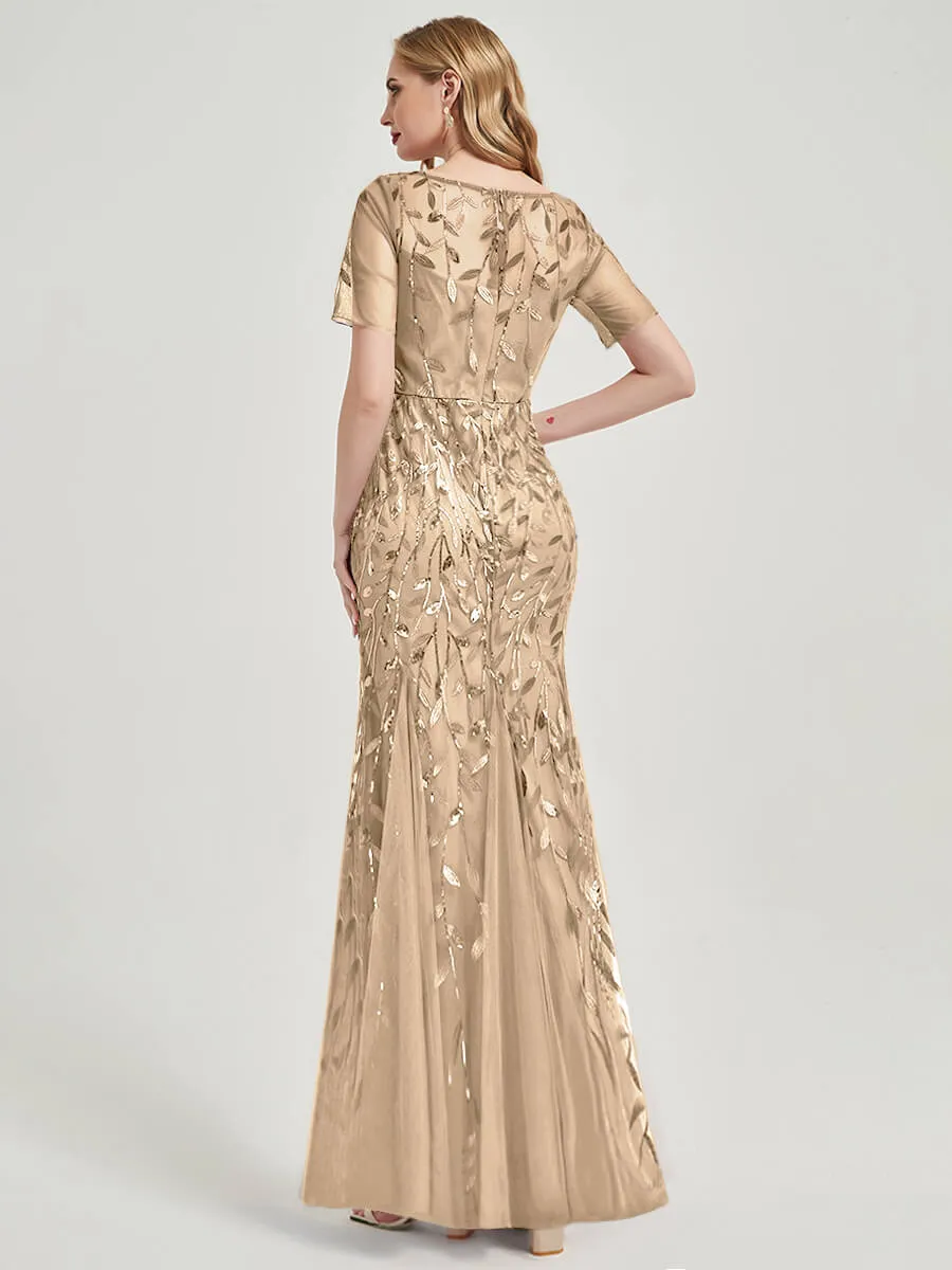 [Final Sale] Champagne Sheer Sleeves Floor Length Sequin Tulle Mermaid Formal Dress