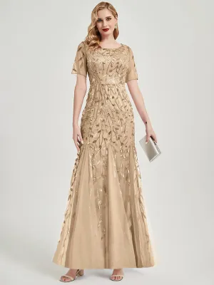 [Final Sale] Champagne Sheer Sleeves Floor Length Sequin Tulle Mermaid Formal Dress