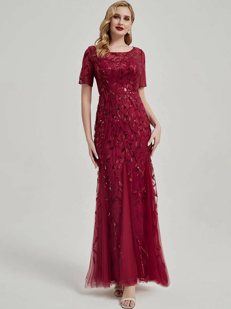 [Final Sale] Dusty Rose Sheer Sleeve Floor Length Sequin Tulle Mermaid Formal Dress