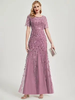 [Final Sale] Dusty Rose Sheer Sleeve Floor Length Sequin Tulle Mermaid Formal Dress