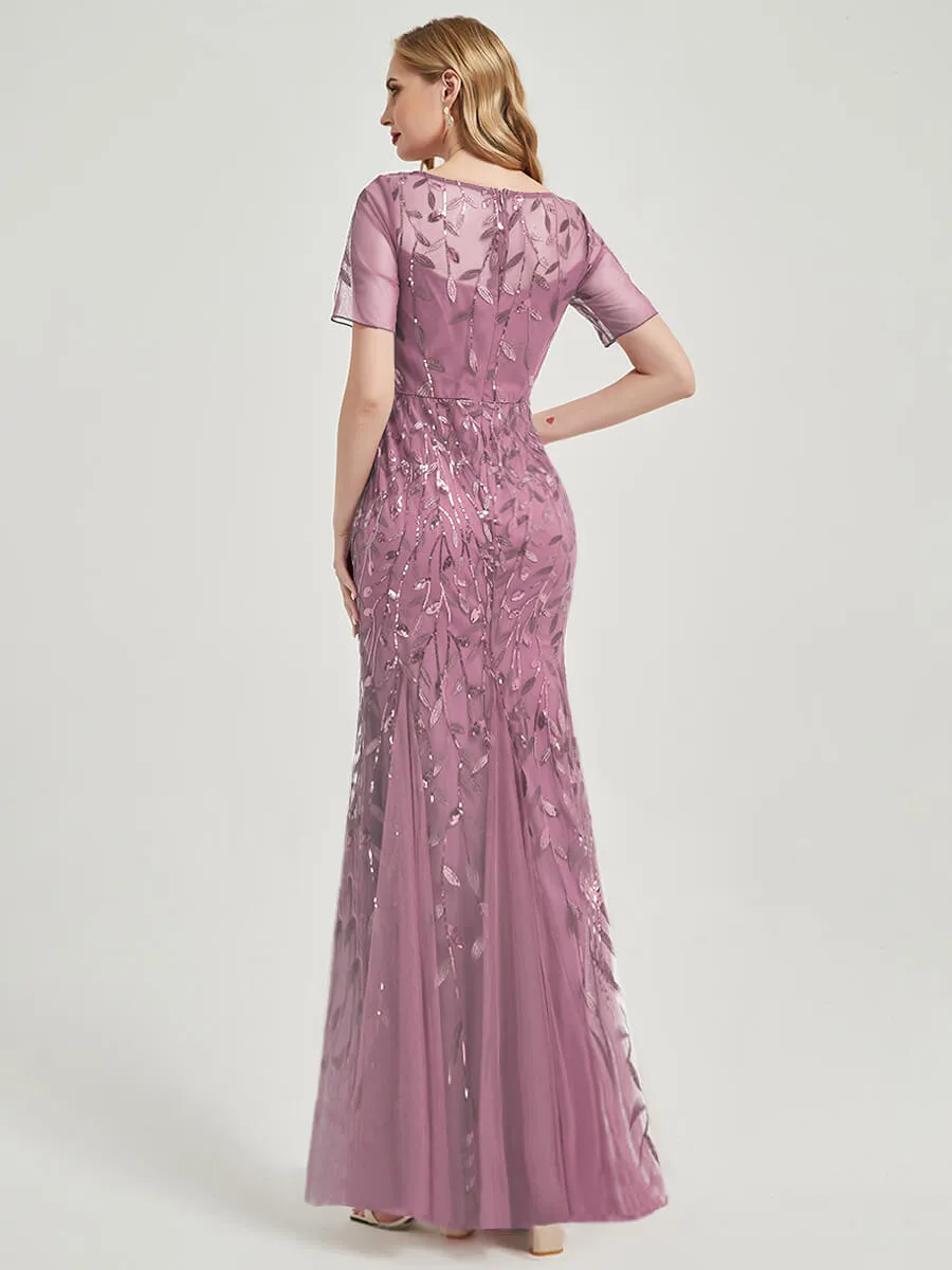 [Final Sale] Dusty Rose Sheer Sleeve Floor Length Sequin Tulle Mermaid Formal Dress