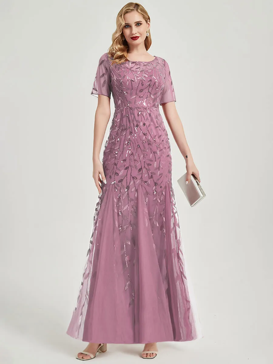 [Final Sale] Dusty Rose Sheer Sleeve Floor Length Sequin Tulle Mermaid Formal Dress