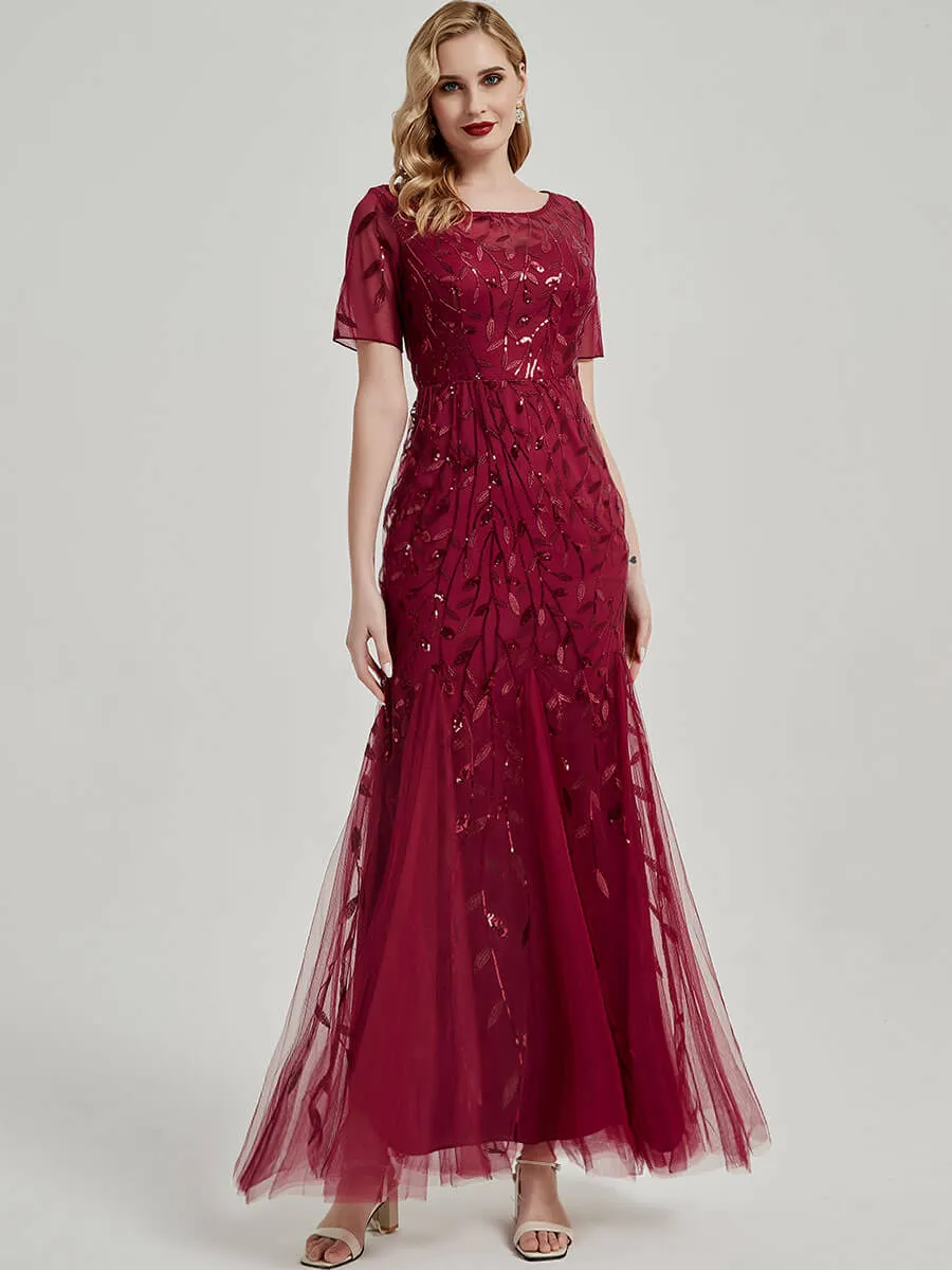 [Final Sale] Dusty Rose Sheer Sleeve Floor Length Sequin Tulle Mermaid Formal Dress