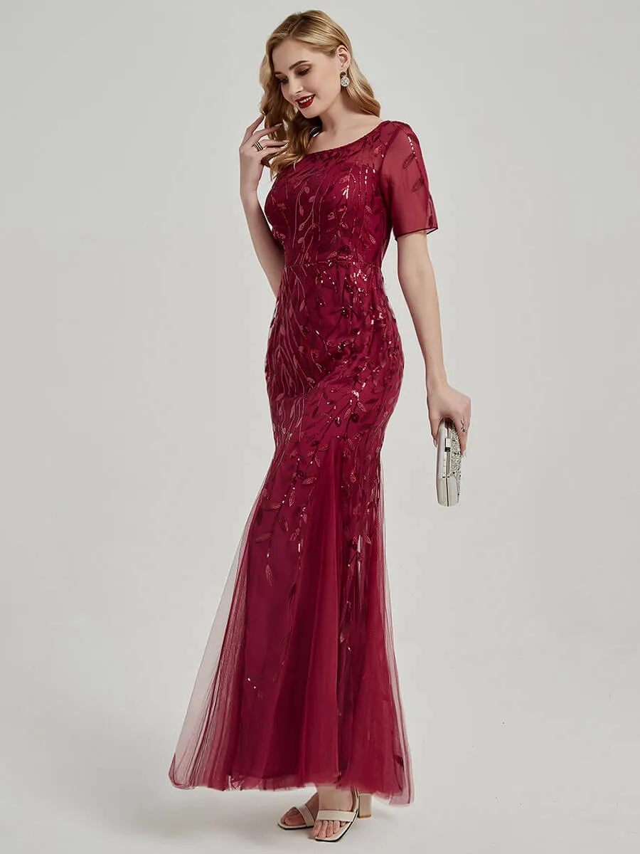 [Final Sale] Dusty Rose Sheer Sleeve Floor Length Sequin Tulle Mermaid Formal Dress