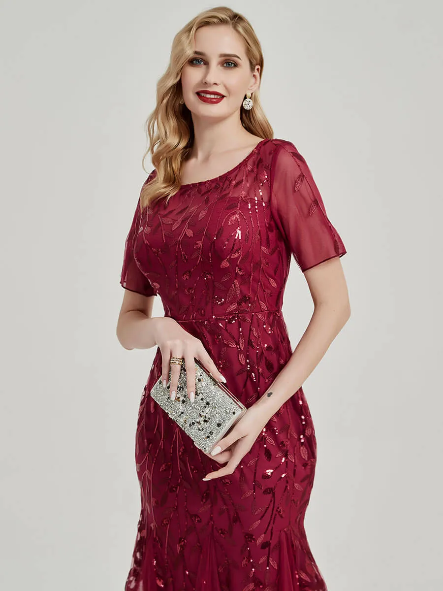 [Final Sale] Dusty Rose Sheer Sleeve Floor Length Sequin Tulle Mermaid Formal Dress